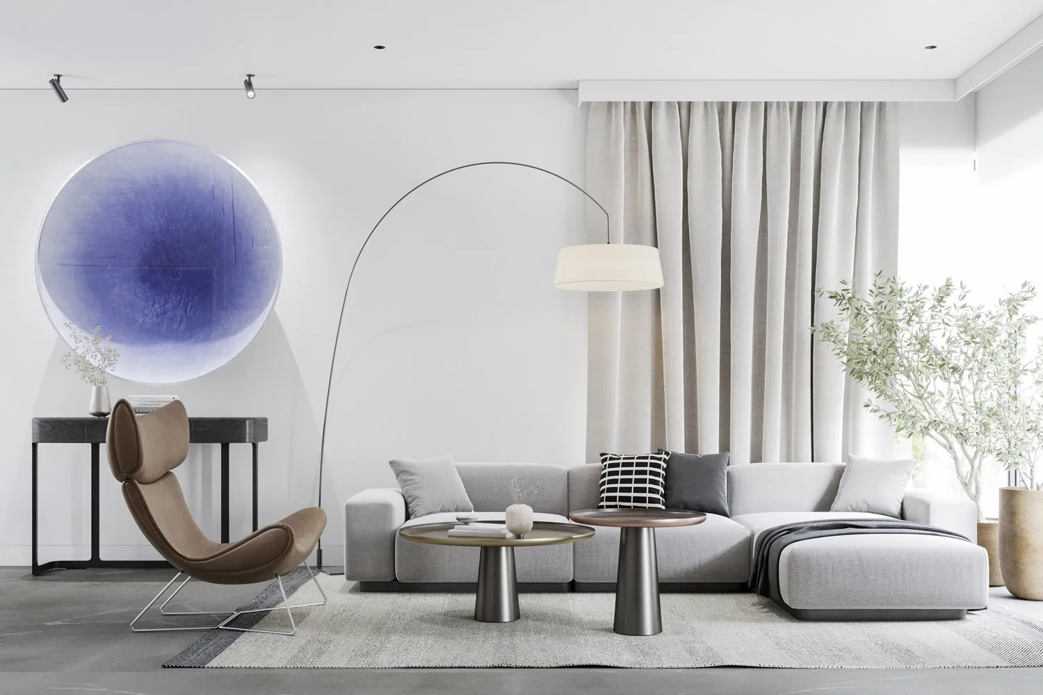 Minimalistyczny salon z szarą narożną sofą i lampą łukową