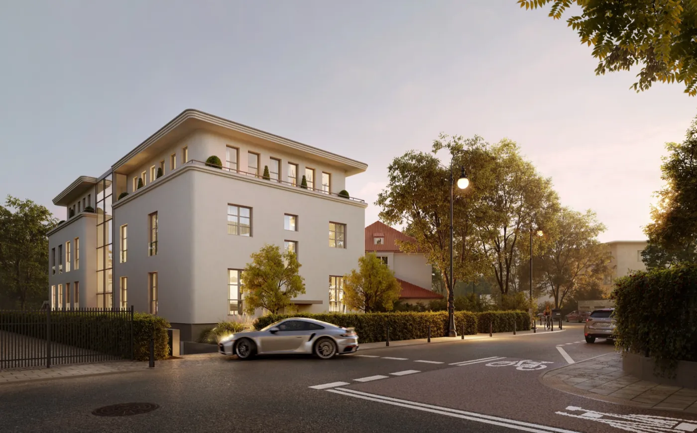 M12 Residence – elewacja budynku od strony ulicy Mścisławskiej o zmierzchu