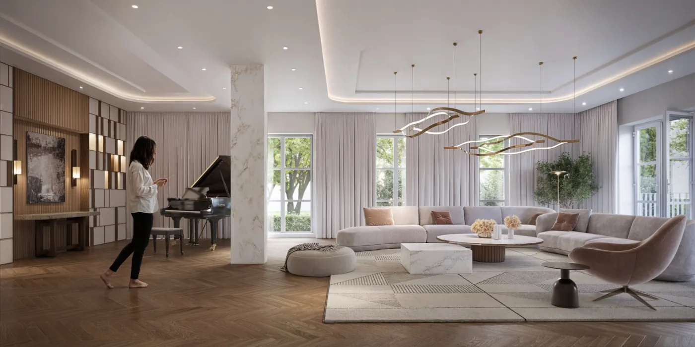 M12 Residence – salon z fortepianem i strefą wypoczynkową