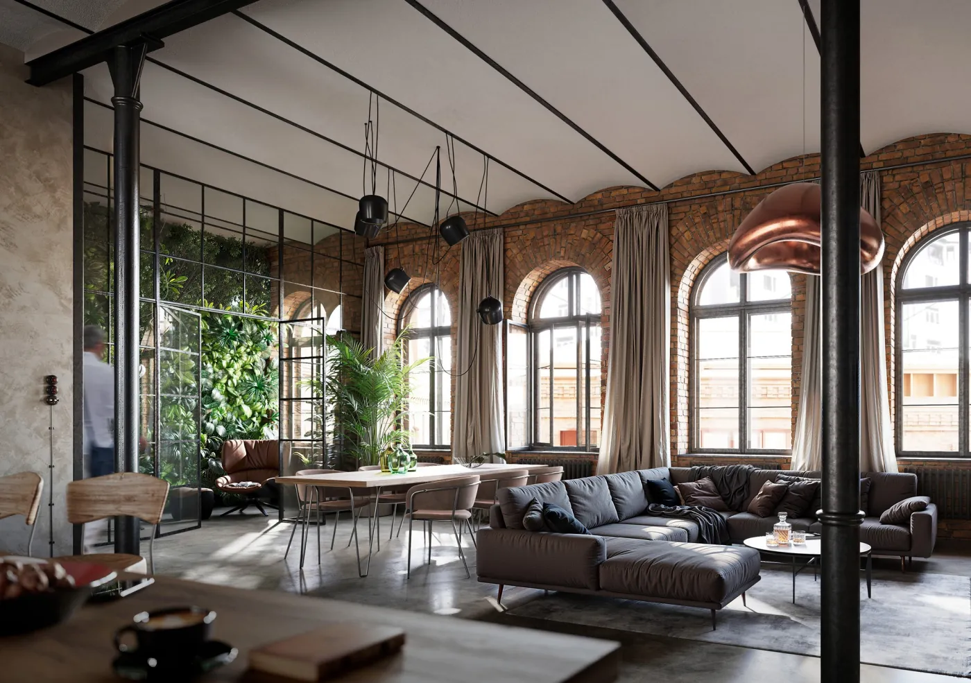 Cukry Praga – loft z łukowymi oknami, stalowymi filarami i roślinnością